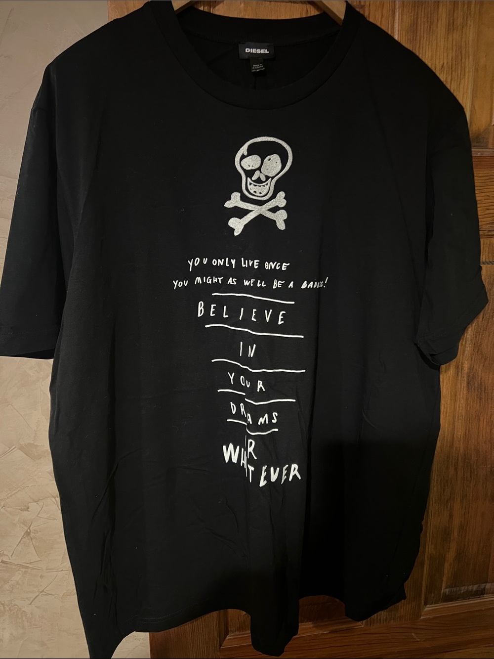 Diesel Black Short-Sleeve Tee with White Skull & Text Graphic